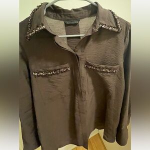 Zara Brown Button Down Shirt with Embellished Collar